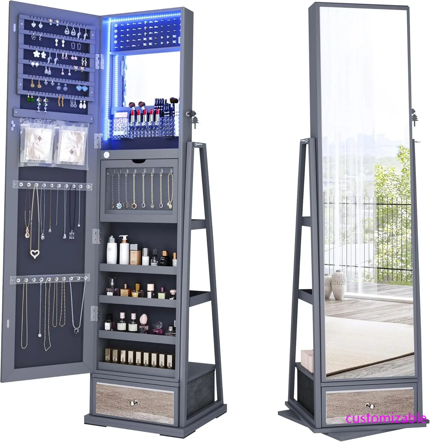Schmuckschrank mit Lichtaufbewahrung: 360° ° Drehbare Schmuckaufbewahrung mit durchgehendem Spiegel – stehender, abschließbarer Schmuckschrank