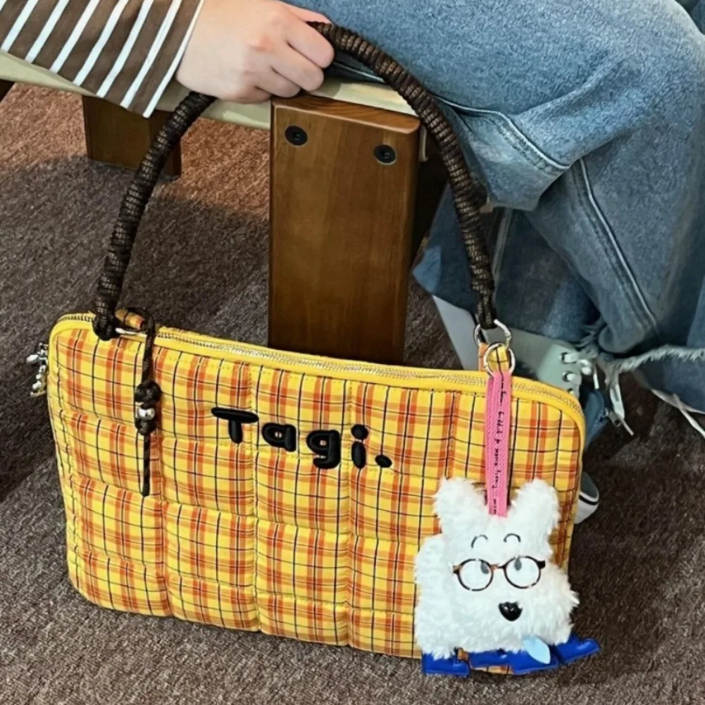 Cute Grid Laptop Bag 14in Cartoon Handheld Shoulder Bags Woven Pillow Embroidered IPad Shockproof Computer Sleeve Macbook Case
