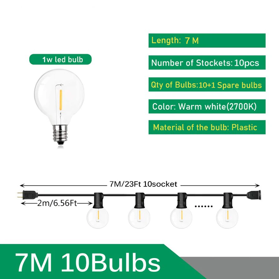 KIKIELF 110V/220V Outdoor Lichterketten LED G40 Girlande Fee Terrasse Girlande Lampe Hochzeit Straße Camping Garten Party dekoration Lichter 6
