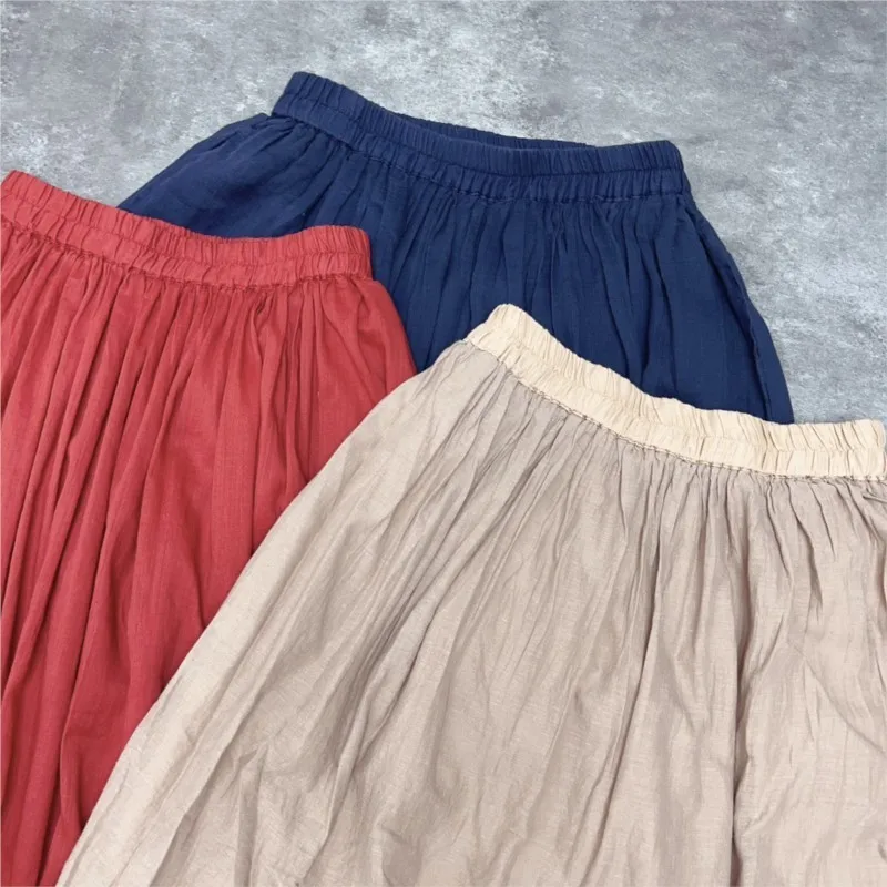 Johnature Summer New Vintage Ramie Women Skirts 2024 Casual Simple Loose Elastic Waist Solid Color All Match Women Skirts