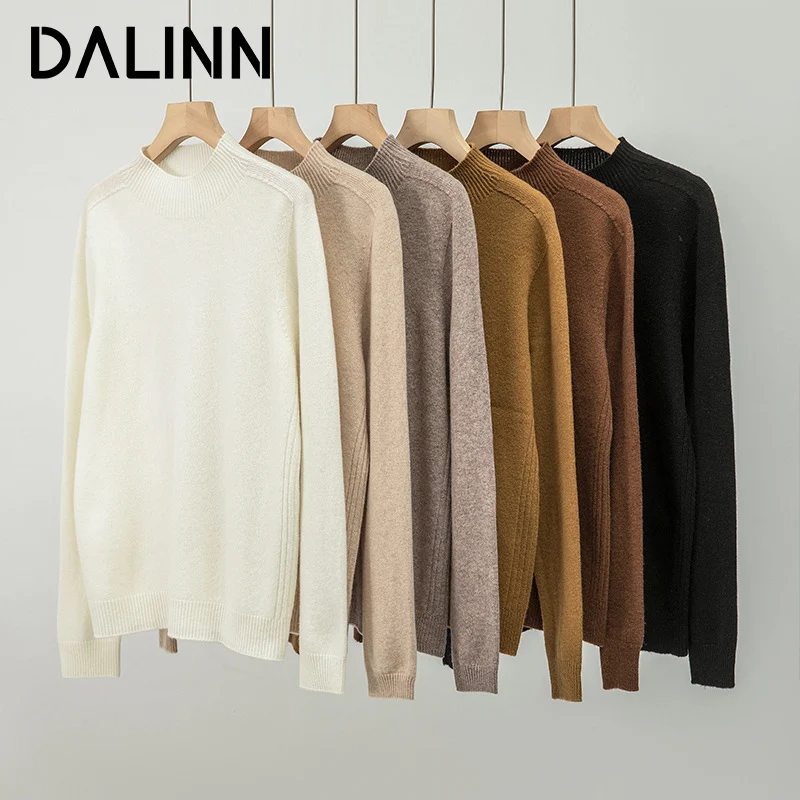 

Woman Mock Neck Pullovers 100%Sheep Wool Plain Knitted Sweaters 2023 Fall Winter Basic Top Caramel Khaki DALINN