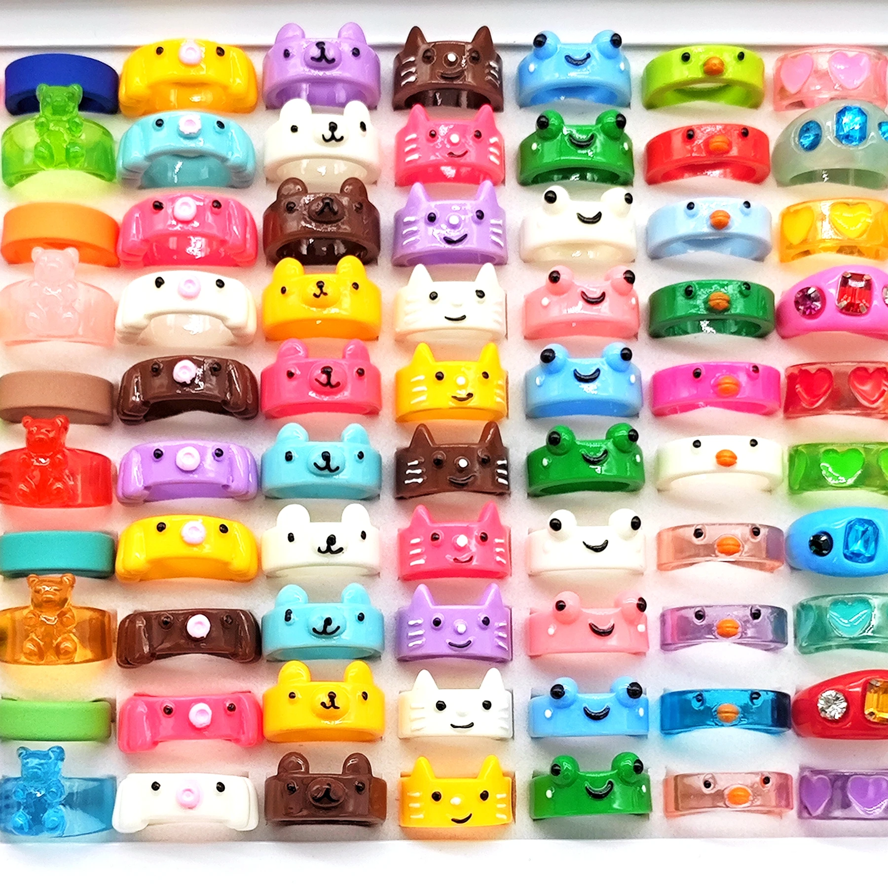 20pcs/Lot Mix Cute Animal Cartoon Crystal Resin Rings For Women Children Fashion Sweet Smile Cat Frog Charm Party Gift Jewelry