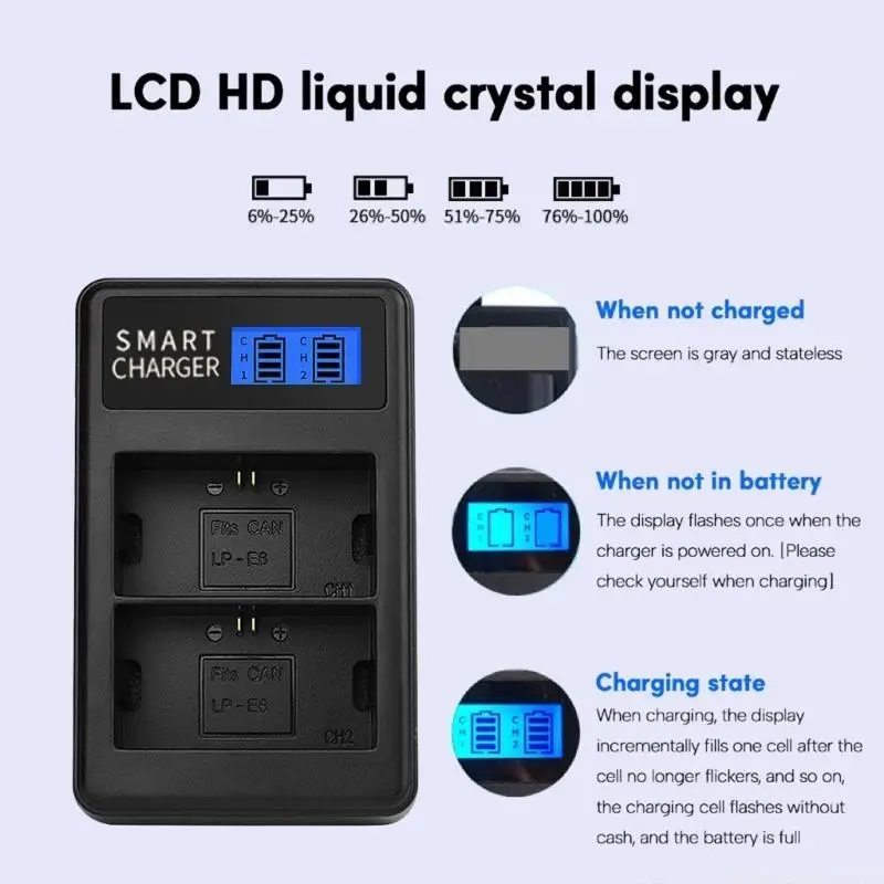 F62C E6 LCD Display Battery Dual Channel USB Charging for EOS 5D Mark II, 5D Mark III Digital Cameras