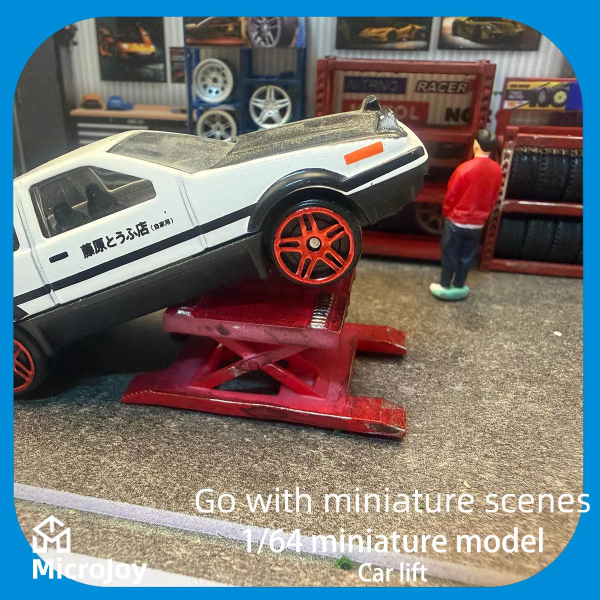 Detailed Scene: 1:64 Scale Miniature Model Repair Shop Lift, Mini Ornament, Car Lift Model Scene with Vintage Layout
