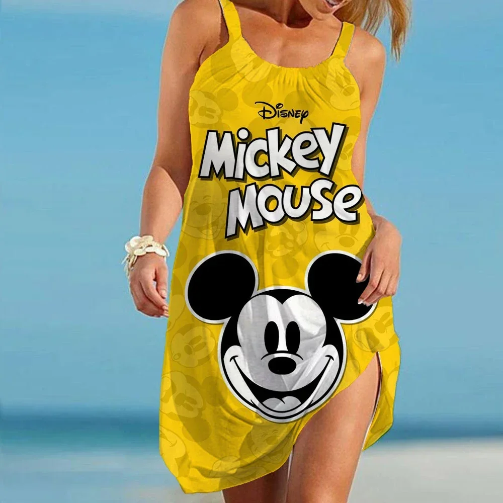 Disney Dress Minnie Mickey Women Bohemian Outing Beach Casual Sexy Mini Dress Camisole Goofy 3D Print Party Evening Dresses Boho