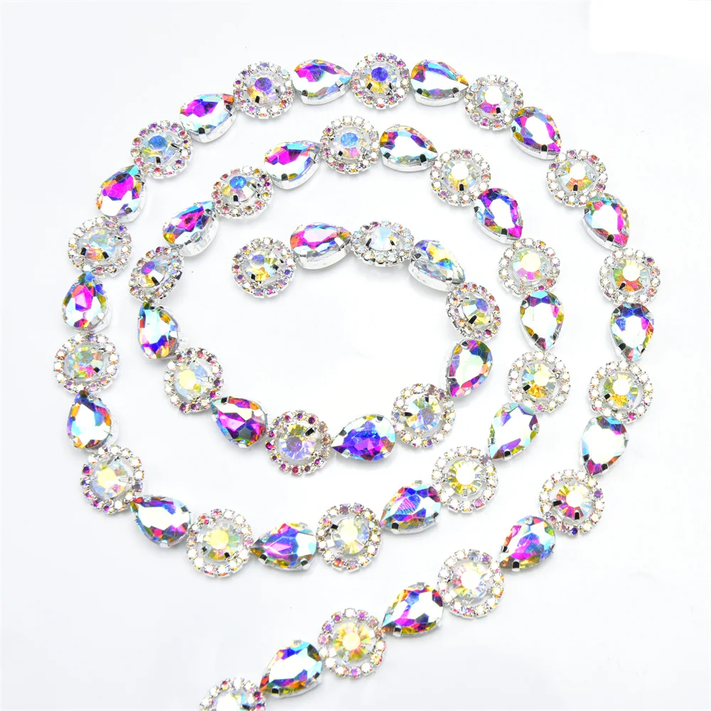 1 Yard Red Green Royal Blue Teardrop Crystal Trim Applique Round Flower Rhinestone Chain Decorative Dress Clothing Accessories