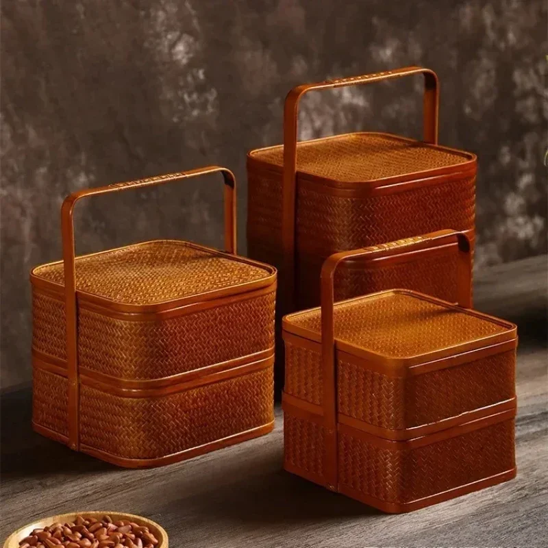 

Retro Bamboo Lunch Box Square Design Pastry Storage Camping Food Box Holder Handcrafted Basket Portable Picnic Container Classic