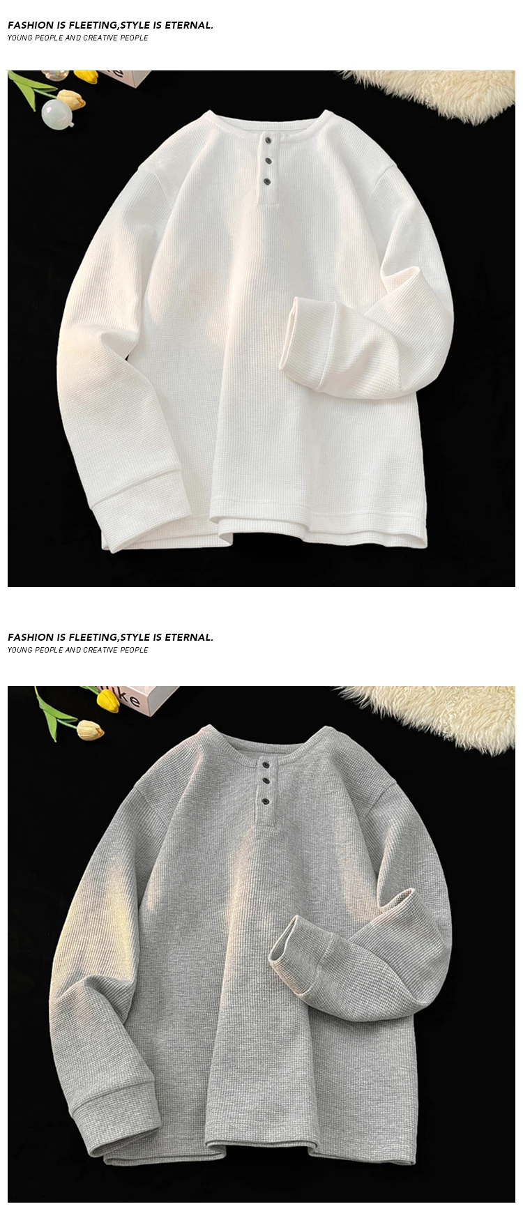 Lässiges Henley-Shirt mit Rundhalsausschnitt und langen Ärmeln für Herren, Waffelstrick, Knopfleiste vorne, entspannte Silhouette, urbanes Alltagsoutfit für Spaziergänge. – Detail 8
