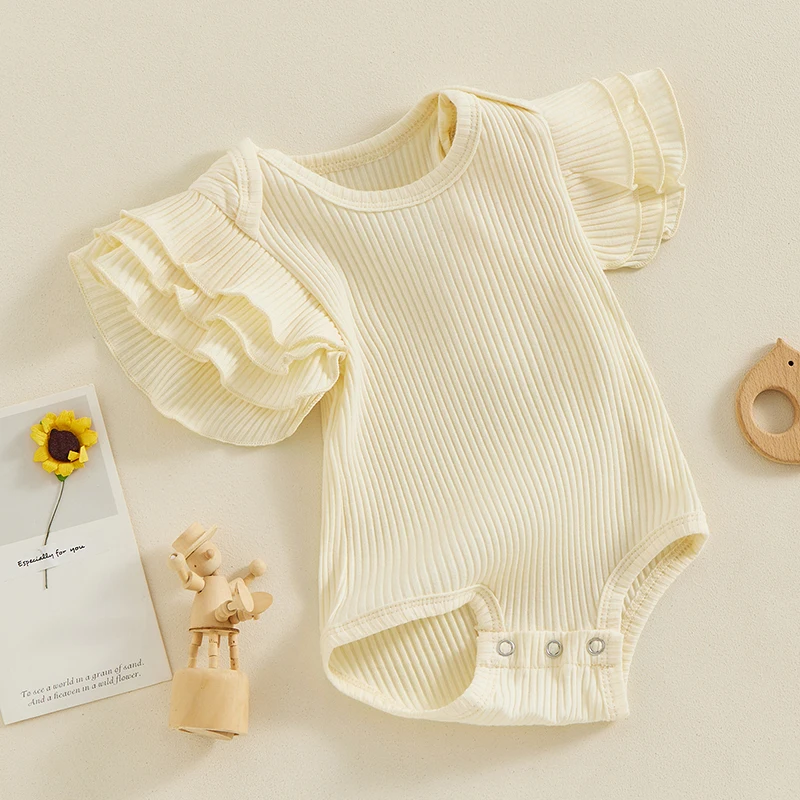 Tregren 0-18M Baby Girls Rompers Solid Color Crew Neck Three Layered Fly Sleeve Infant Bodysuits Summer Ribbed Knit Jumpsuits