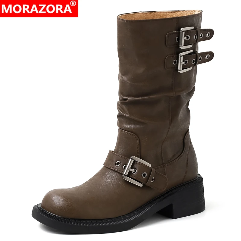 MORAZORA-Bottes en cuir véritable faites à la main pour femmes, mi-mollet, demi-chaussures, nouvelle arrivée, automne, hiver, 2024