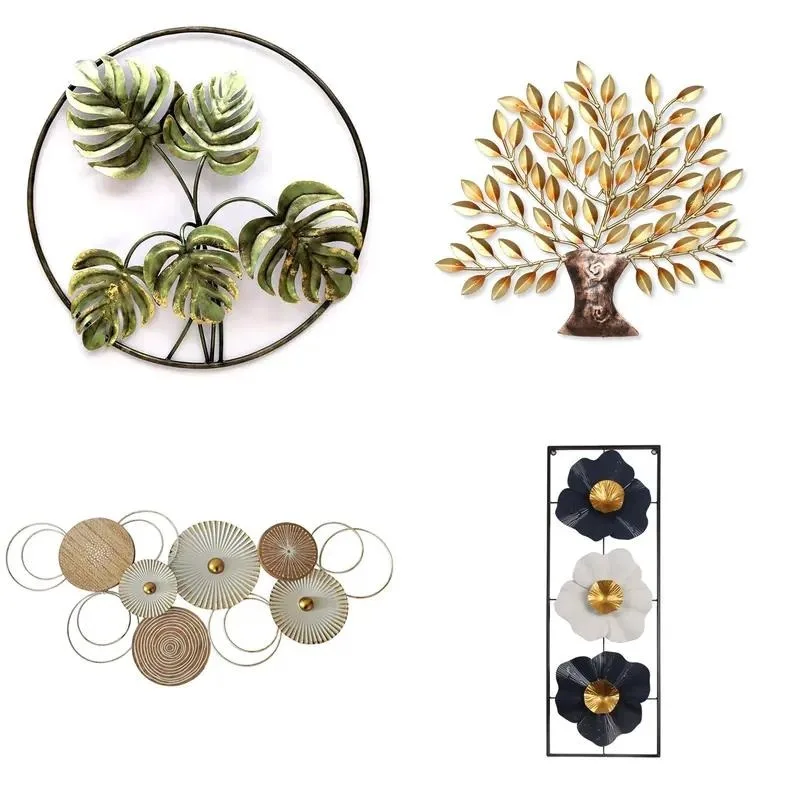 Luxury Metal Turtle Bamboo Leaf Wall Decoration Round Plant Art Sculpture 3D Palm Leaf Hanging Decor