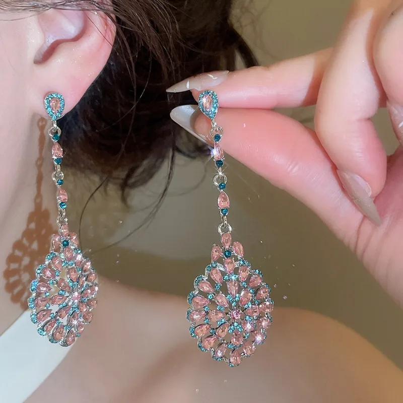 

Minar Delicate Full Double Color Rhinestone Hollow Oval Geometric Long Dangle Earrings for Women Silver Plated Alloy Jewelry