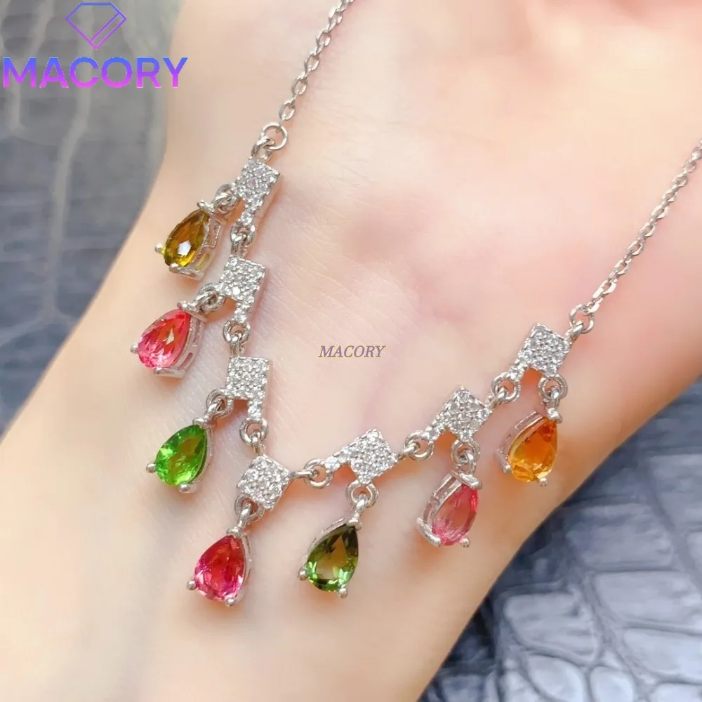 Natural tourmaline necklace S925 sterling silver exquisite women's jewellery accessory with bright and beautiful colours