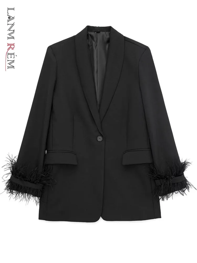 LANMREM ผู้หญิงแฟชั่น Black Feathered Jacket Retro Notched Collar ปุ่มแขนยาว Office Lady แฟชั่น 2DB1815