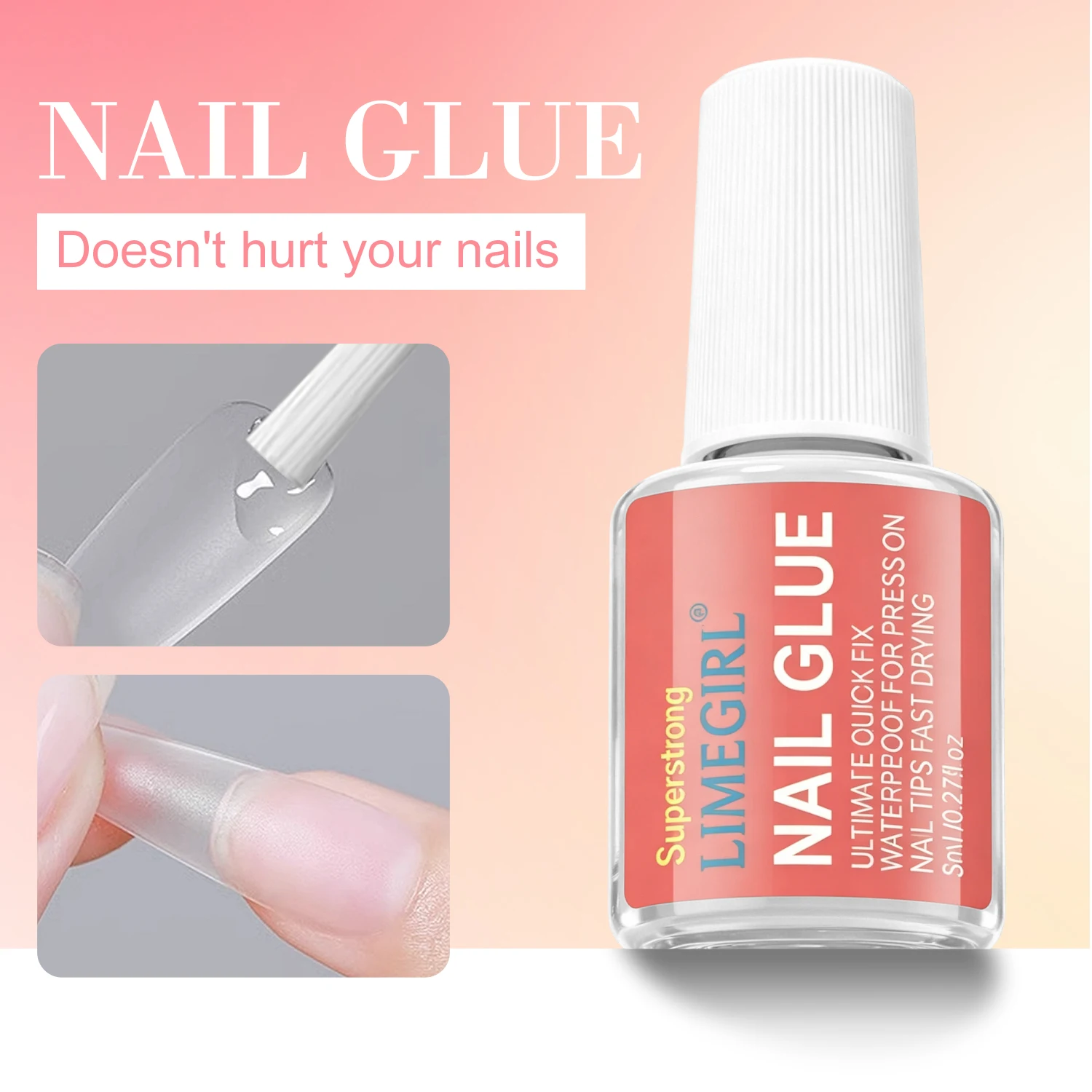 LIMEGIRL 8ml Strong Nail Glue Nails Adhesive Broken Nail Repair Brush-on Nail Glue Rhinestone Charms Acrylic Tips Bond Glue