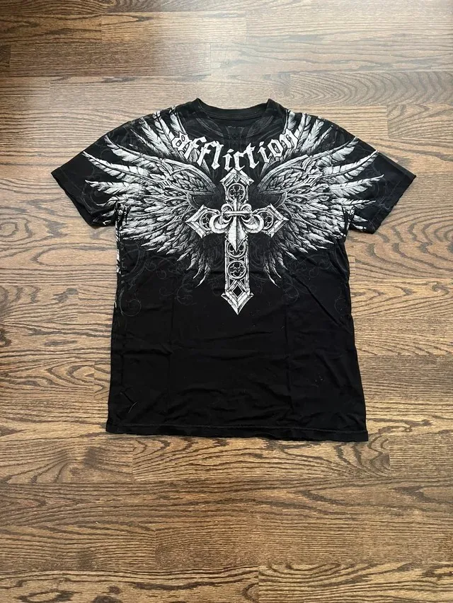 Wing Affliction Short Sleeves Man Y2K Harajuku Fashion Cross Printing Men Women T-shirt Gothic Streetwear Tops