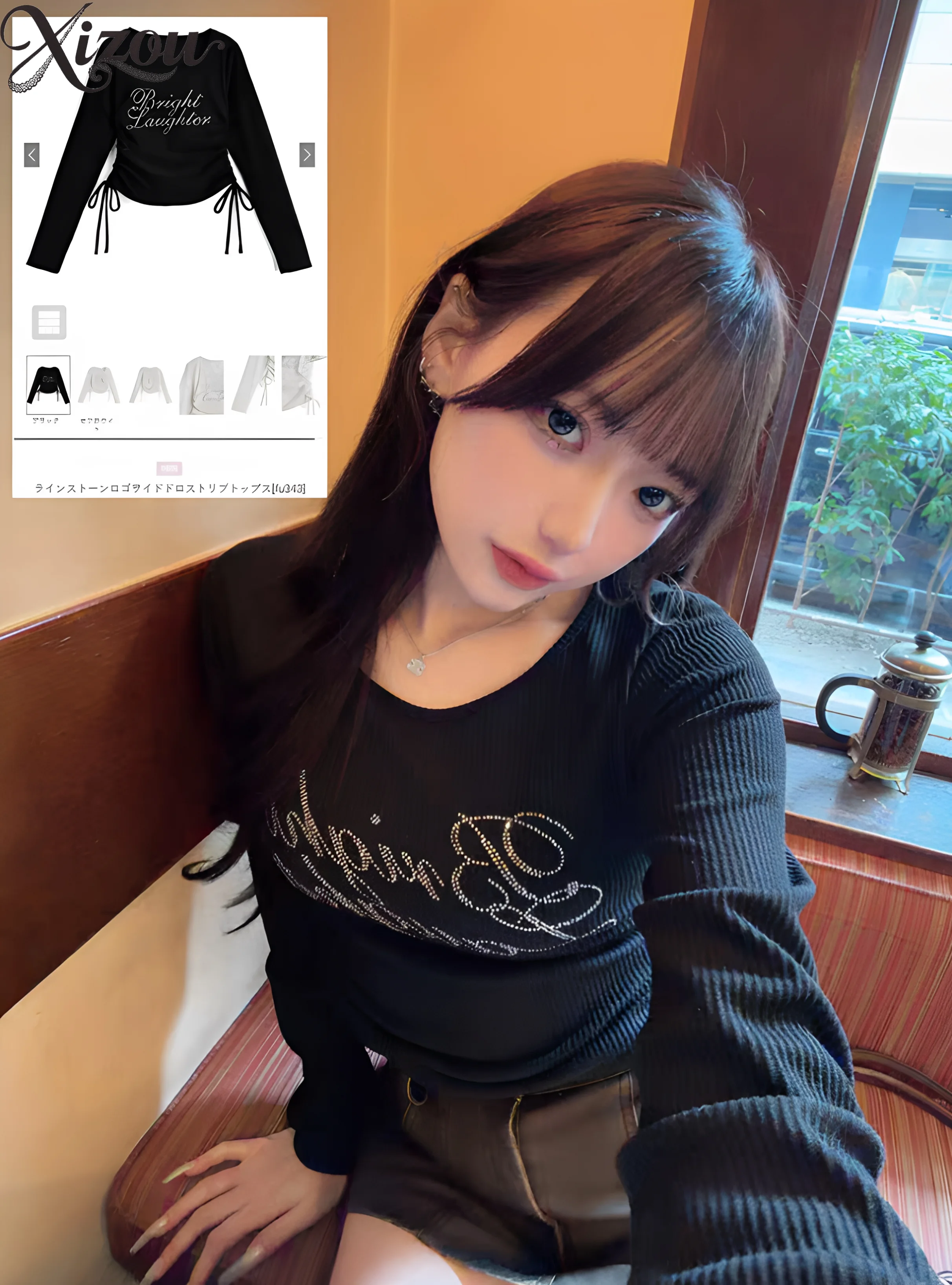 Women Japanese Sweet Rhinestone Letter Ribbed Knit Top Side Drawstring Slim Fit Round Neck Long Sleeve Crop Pullover T-Shirts