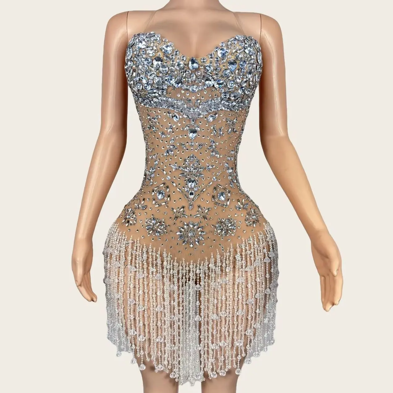 

Yushi High-end Sparkly Rhinestone Tassel Bodysuit gig Ladies Latin Dance Team Outfit Crystals Mesh Leotard Nightclub Party Wear