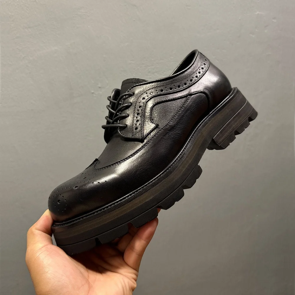 

Men's trendy business and casual Cow leather shoes with vintage carved round toes for height increase Men's Shoes