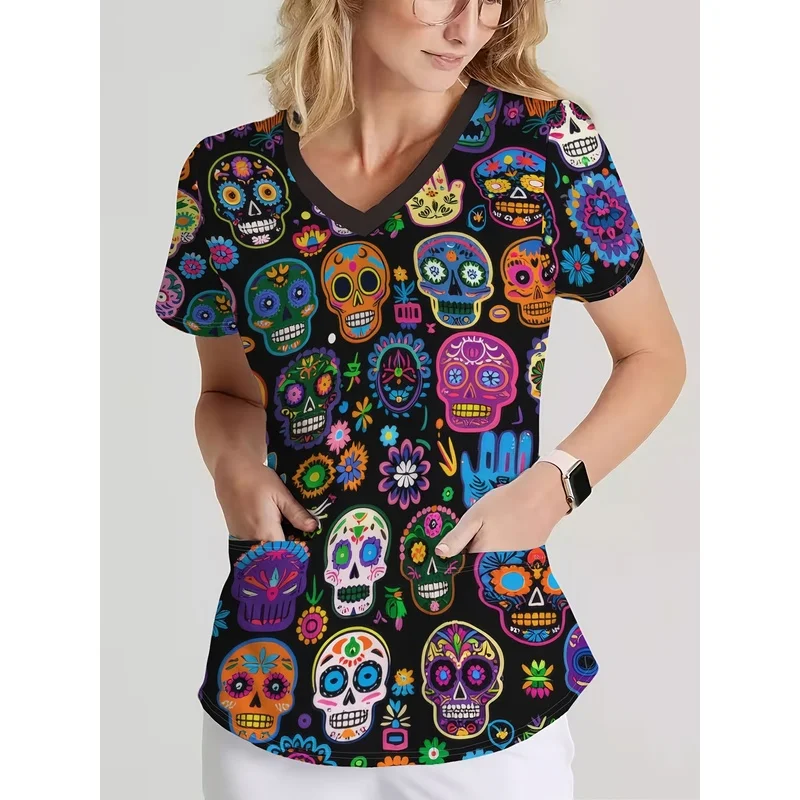 Women's Stylish Halloween V-Neck Short-Sleeve Work Uniform with Pockets – Lively, Colorful Mexican Day of the Dead Print