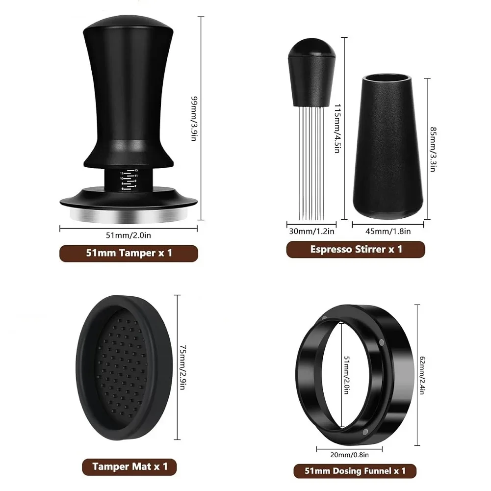 Espresso Tamper 51mm With Spring Loaded Mechanism And Fine Needle Distributor For Even Tamping And Distribution