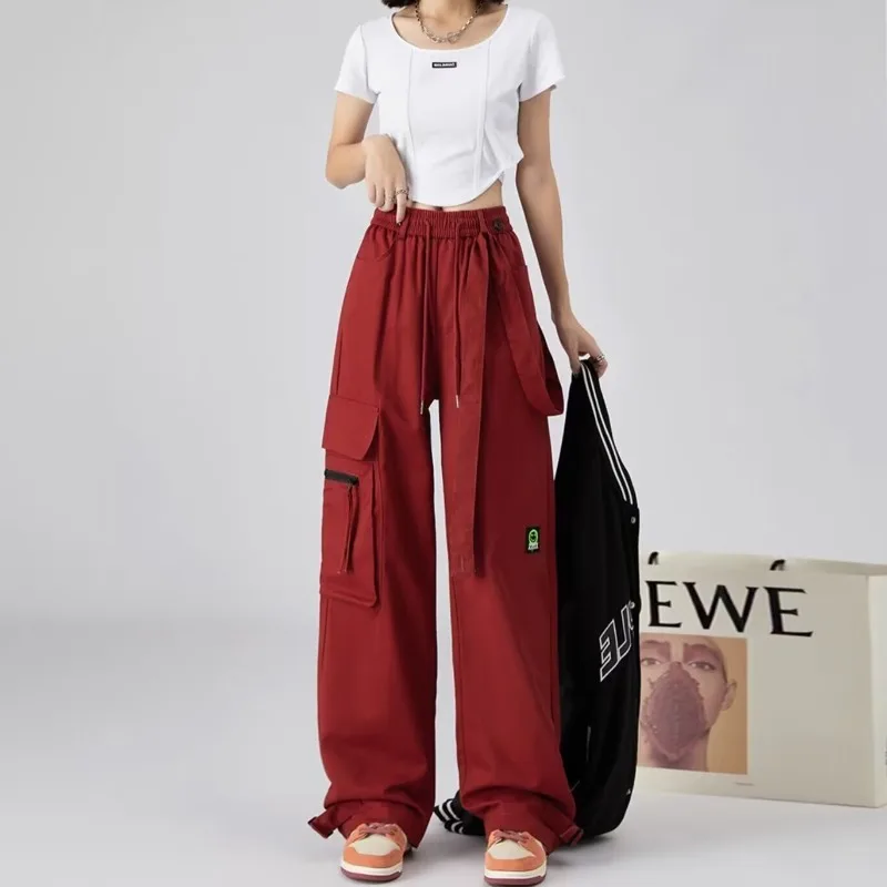 

New Red Color Women Y2k Street Hip Hop Sweatpants Oversized Trousers Vibe Dance Jazz Long Baggy Cargo Pants Women's Clothing