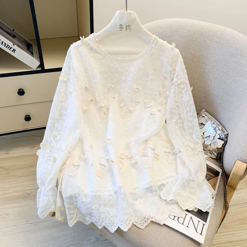 

Elegant Embroidered Lace Long Sleeve Hollow out round Neck Top Women Summer Sweet Loose Slimming Ageless Lace Shirt