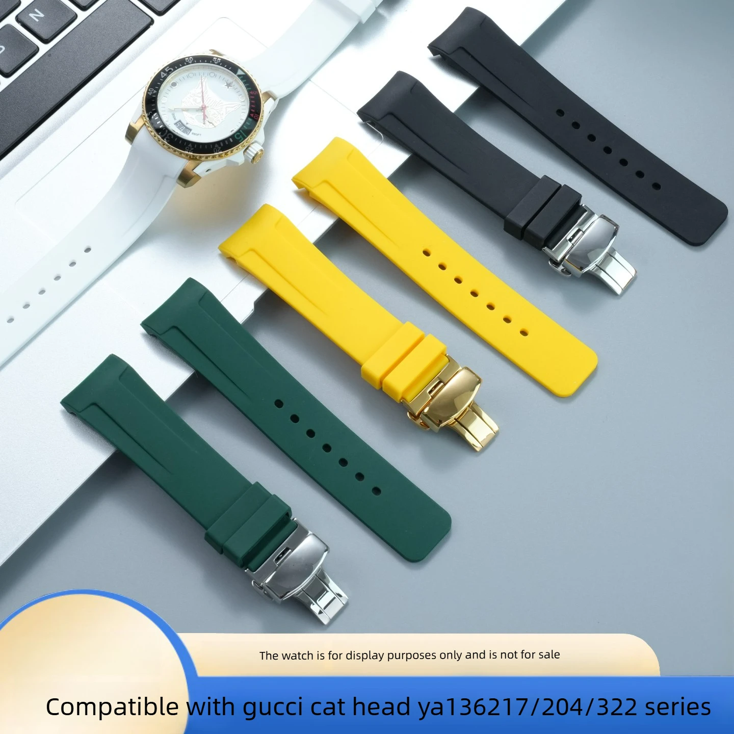 Suitable for Gucci Unisex Strap, Green Curved Silicone Suitable for YA136204 Series 20mm23MM