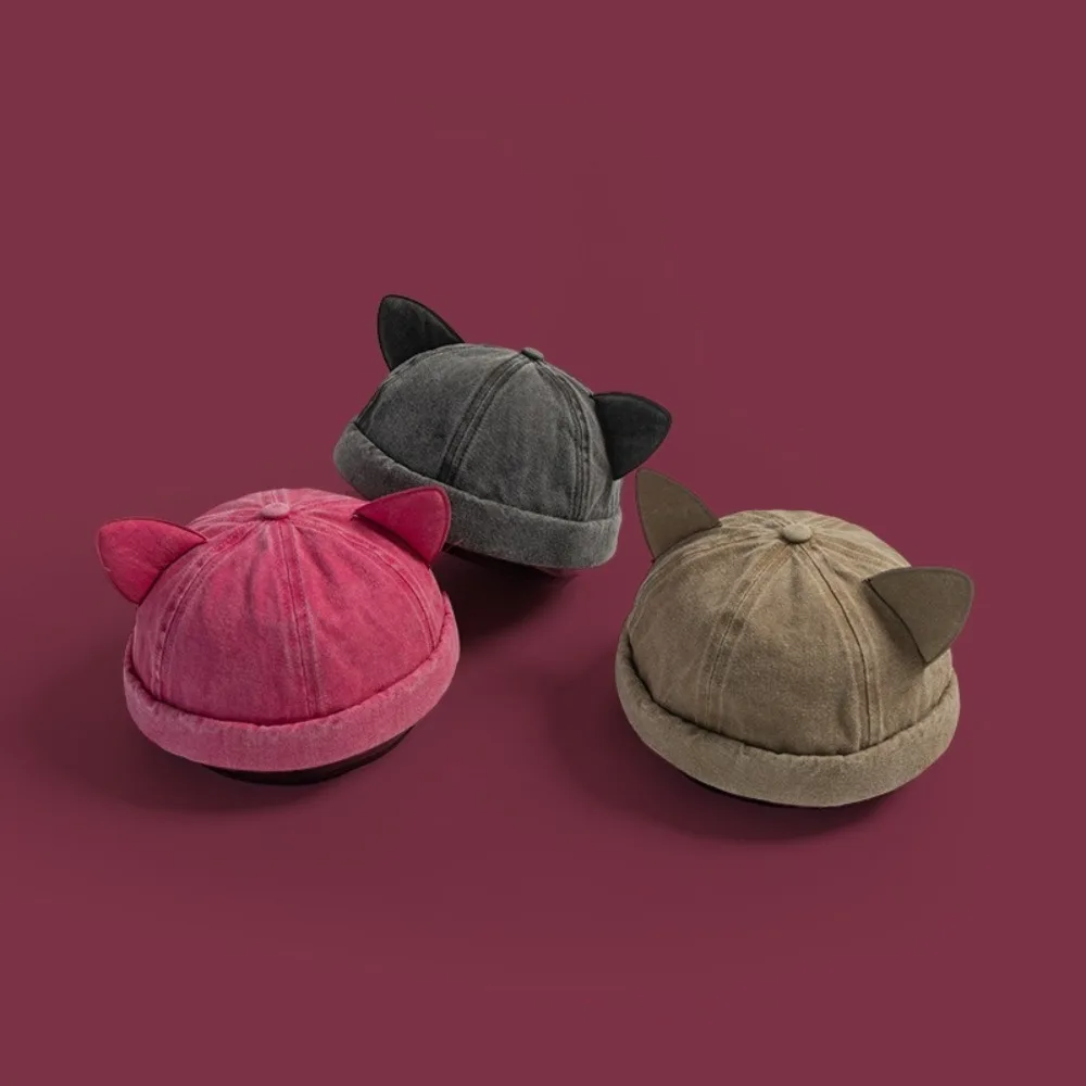 

Fashion Washed Old Cat Ears Landlord Hat Cotton Breathable Beanie Hat Unisex Solid Color Brimless Hats Women