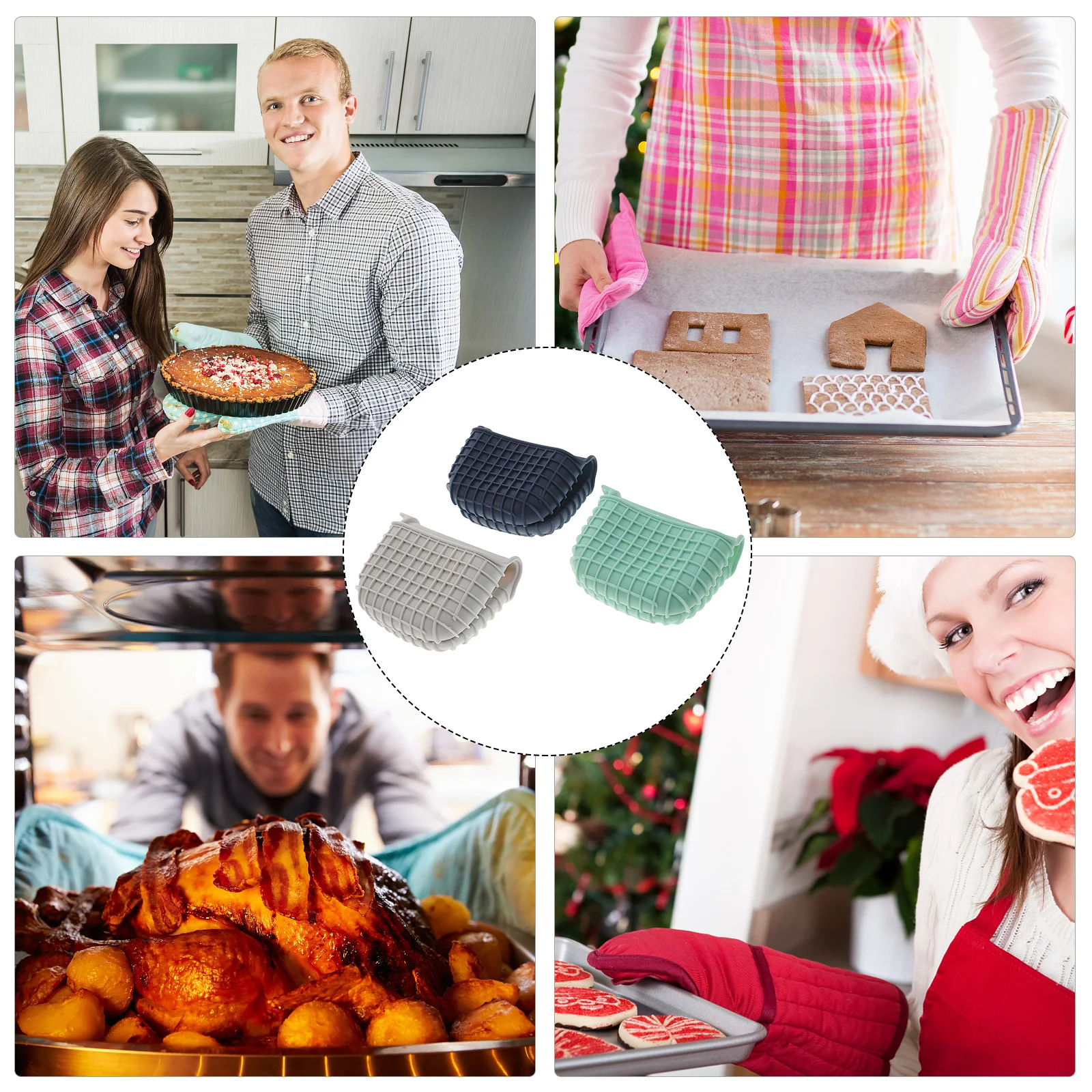 

3pcs Silicone Oven Mitts Heat Resistant Anti-Scald Pot Holder For Hot Pot Grilling Baking Microwave Cooking Kitchen