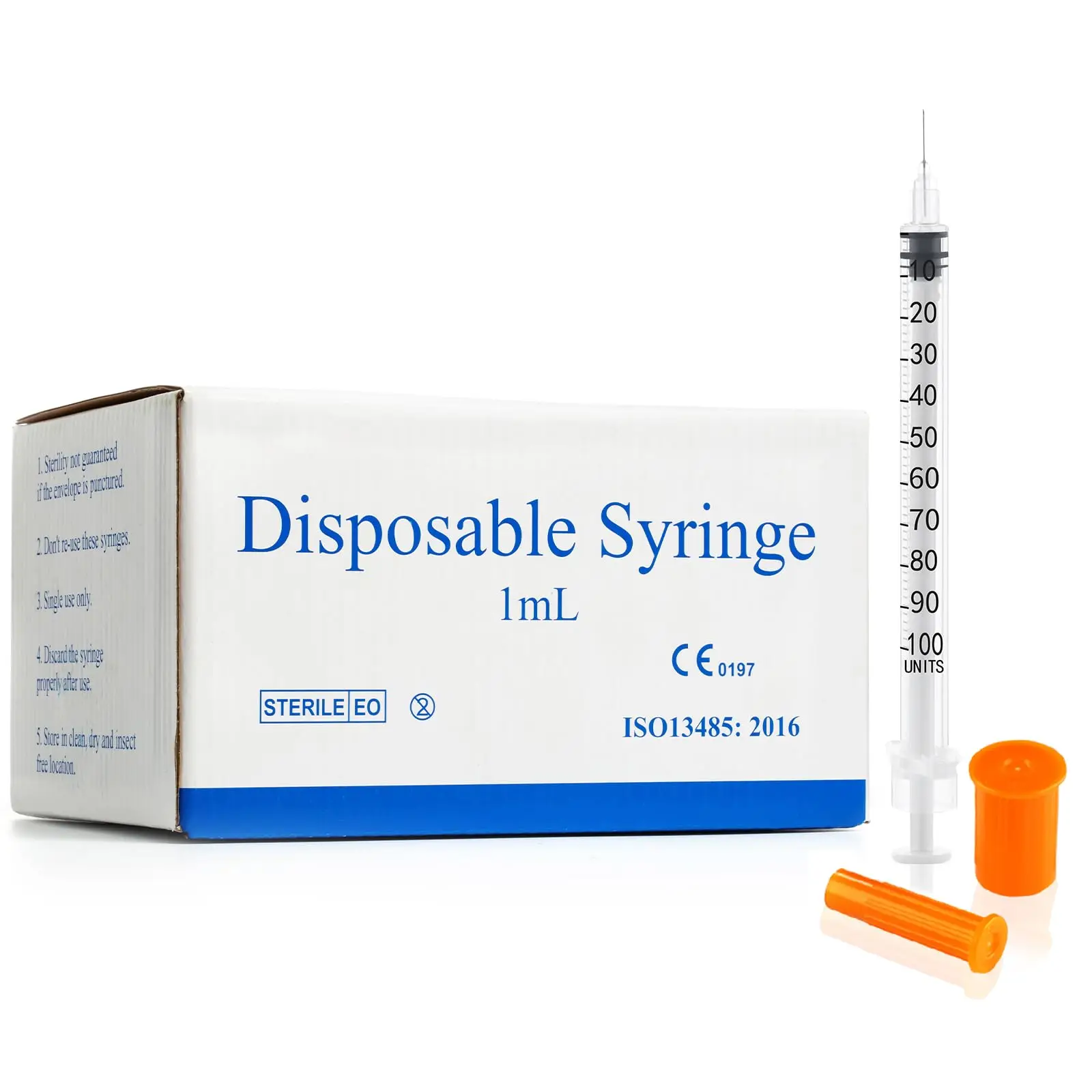 100 عبوة من حقنة الأنسولين 1 مللي/cc 30 جرام 1/2 بوصة مع غطاء برتقالي معقم يمكن التخلص منه ملفوف بشكل فردي للحيوانات الأليفة