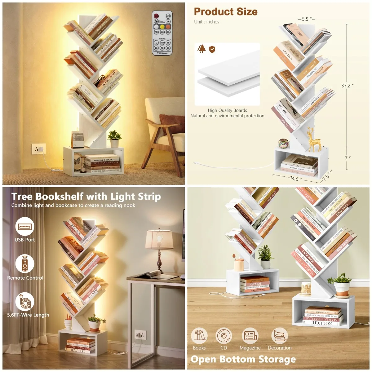 

6-Tier Tree Bookshelf with Drawer & LED Lights, White Floor Standing Bookcase for Home Office or Living Room