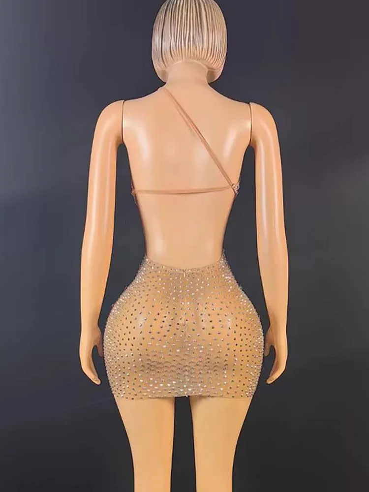 Abito sexy senza schienale con tracolla singola con strass di alta qualità 2025 Abbigliamento da donna personalizzato di nuova moda