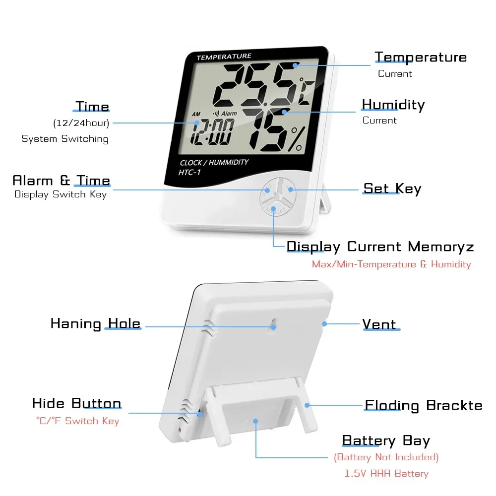Termómetro Electrónico LCD para interiores y exteriores, higrómetro con reloj despertador, Monitor de humedad meteorológica para el hogar