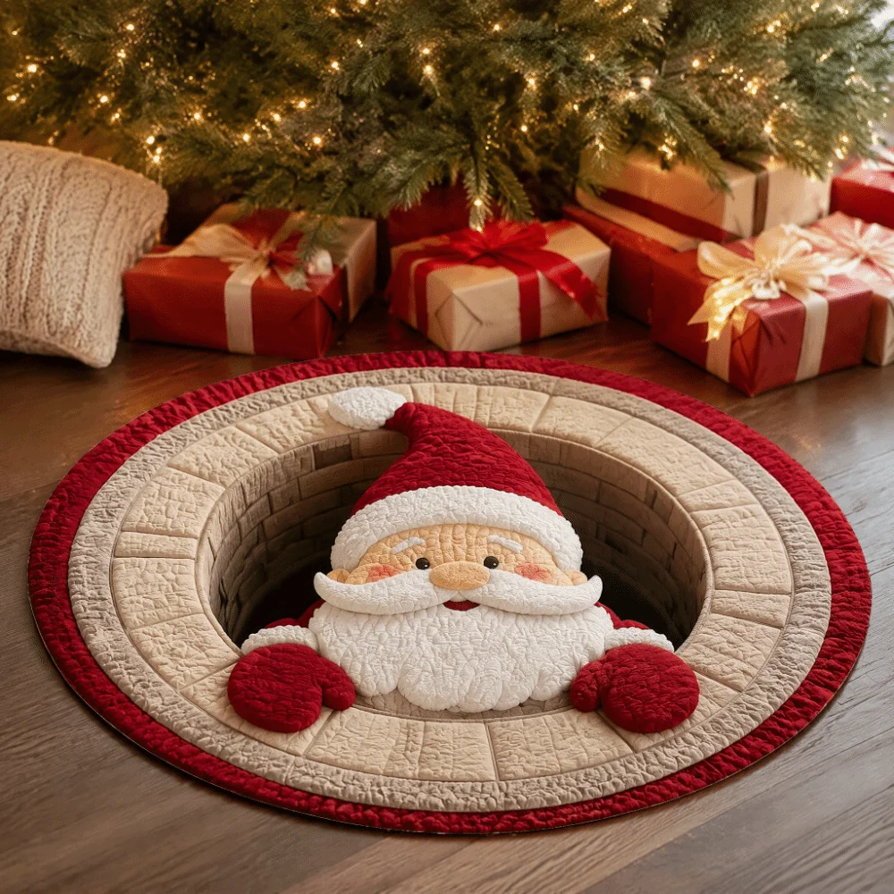 80cm 31.5in 3D Illusion Rug 2D Flat Printed Santa Claus Round Vortex Carpet Non-Slip Crystal Velvet Christmas Doormat