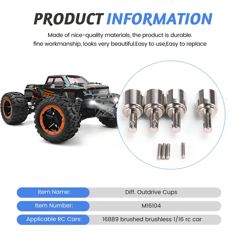 

ABWE-4PCS M16104 Upgraded Metal Diff-Outdrive Cups With Pins For 16889 1/16 RC Car Vehicles Spare Parts