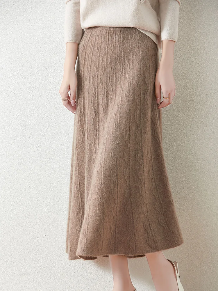 

New Women's 100% Pure Wool Knitted Half Skirt Autumn Winter Jacquard High Waisted Slimming Cashmere A-Line Dress Versatile
