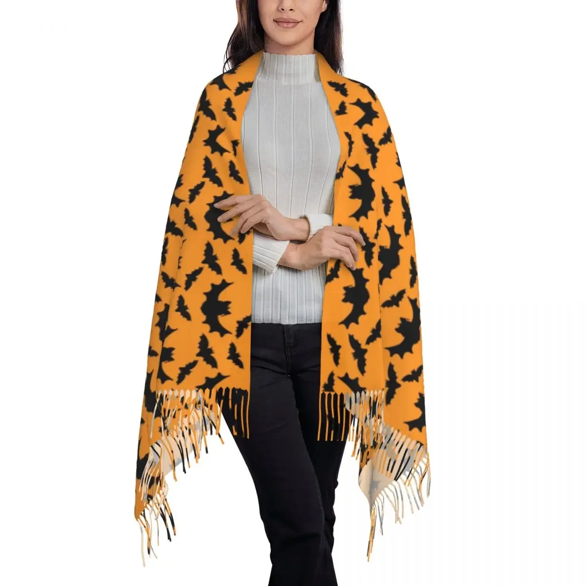 Foulard Chaud et Doux Noir Chauve-Souris avec Long Gland pour Homme et Femme, Châle de Dessin Animé d'Halloween, Collection Automne