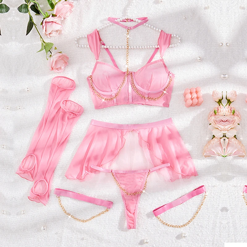 New Neck Sexy Chain Thong Bra Steel Ring Sweet INS Girl Pink Underwear Set of Five Lingerie for Women Bra and Panty Set