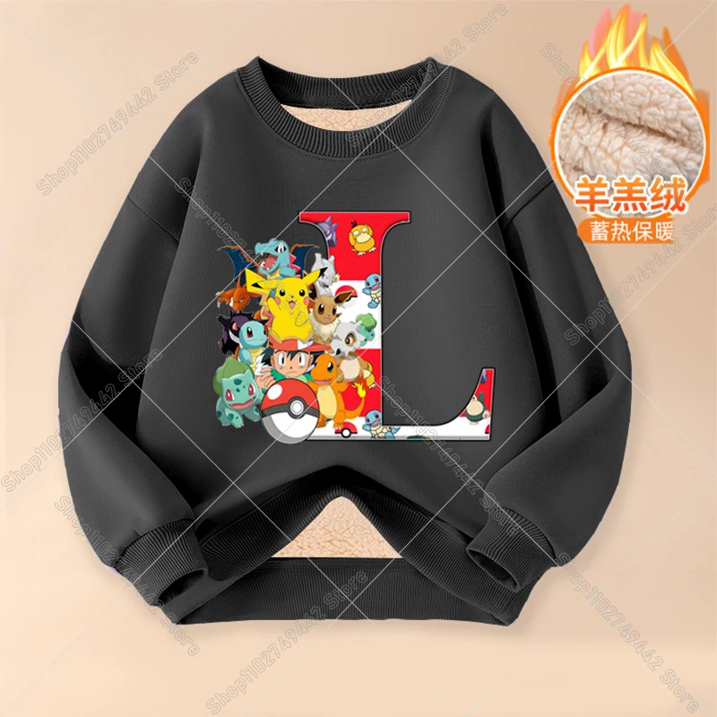 Anime Pikachu Felpa invernale per bambini Lettera AZ Pokemons Tuta in pile addensata per ragazzo Ragazza Pullover caldo Abbigliamento sportivo per bambini