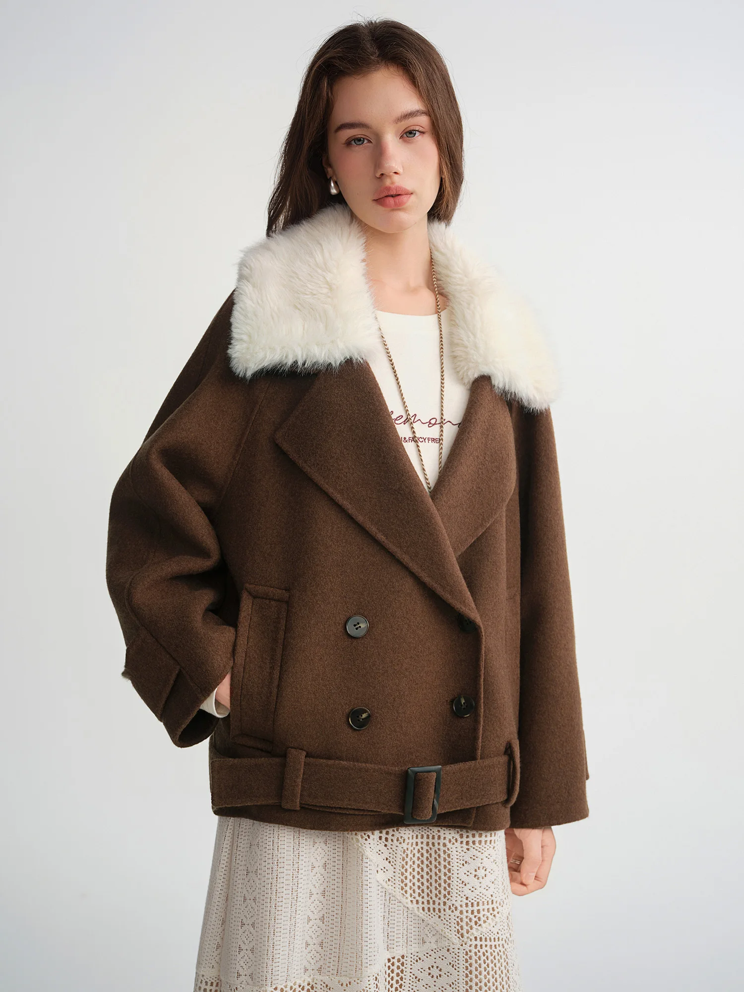 DUSHU Plus Size 2025 Women Detachable Faux Fur Collar Wool Coat Maillard Brown Overcoat Winter Warm Trench Vintage Outerwear