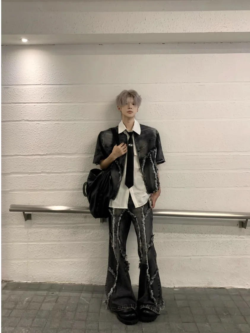 

American Retro Heavy Work ort Sve Jeans irt Men Summer High Street Loose Flared Jeans Set Youth Long Sve Long Pants