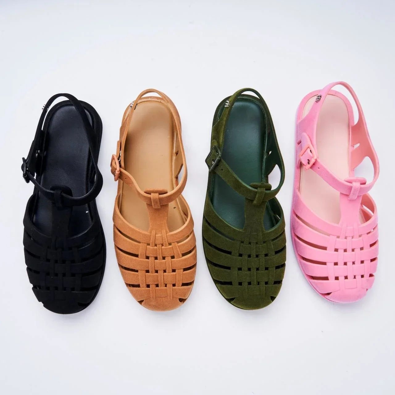 Mini Melissa Women\'s Velvet Flat Jelly Shoes Korean Style Adult Girls Retro Baotou Roman Sandals Ladies Frosted Hollow Woven