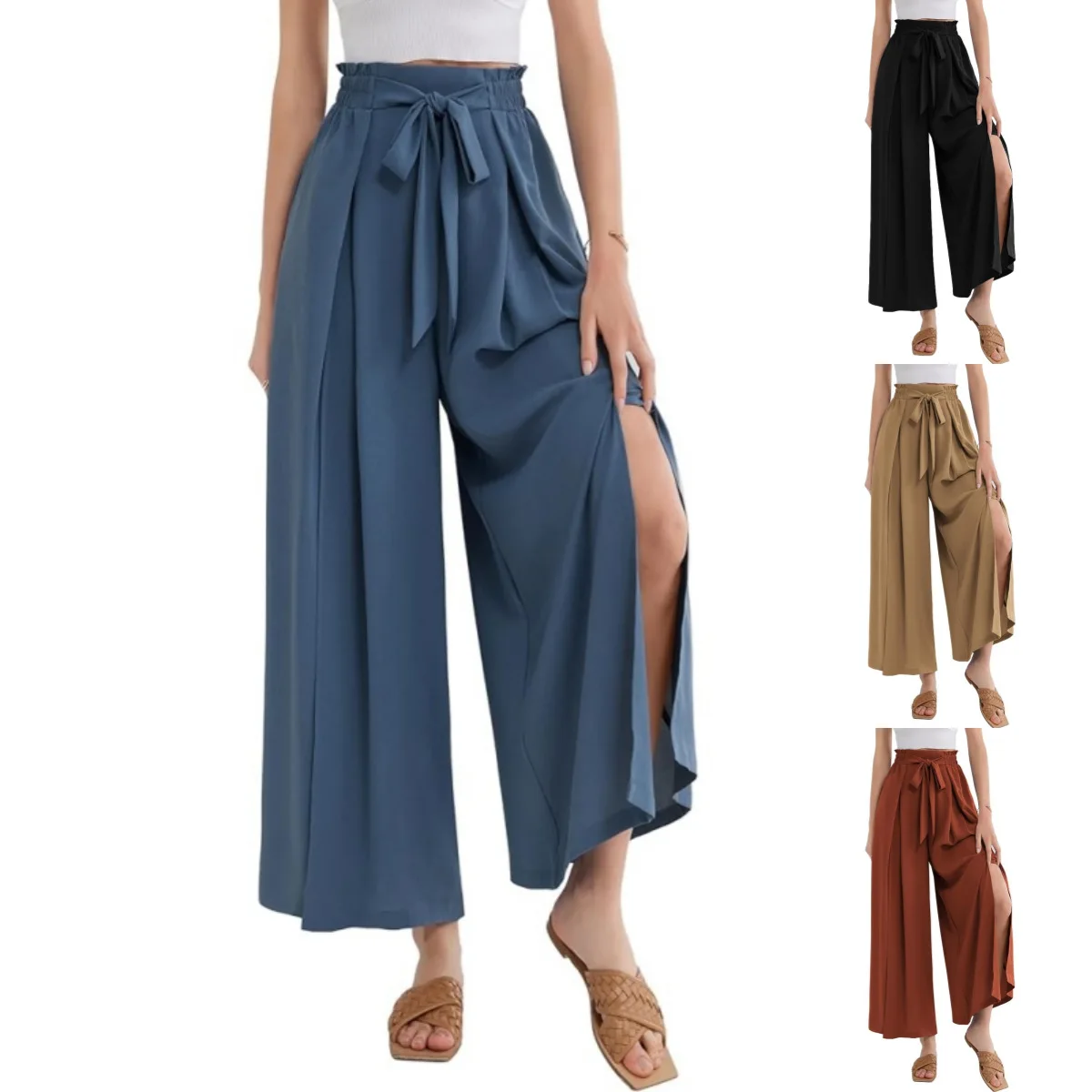 

Women's Lightweight High-waist Lace-up with Pockets Casual Loose Slit Flowy Wide-leg Trouser Skirt
