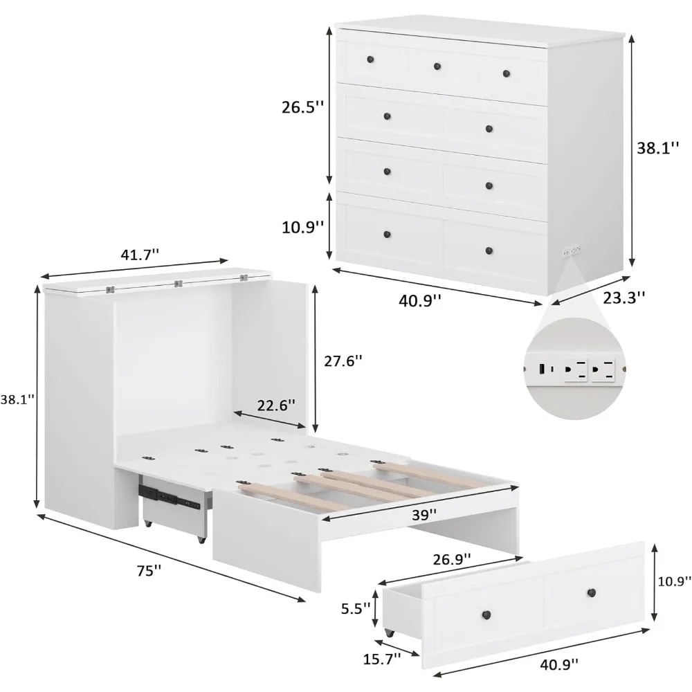 سرير توأم ميرفي مع قاعدة شحن مدمجة، سرير ميرفي موفر للمساحة مع درج، قابل للطي، لضيوف المكتب المنزلي