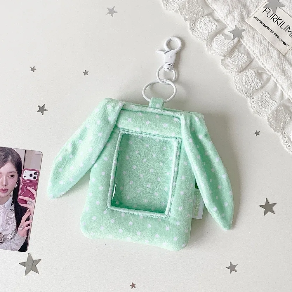 Portable Polka Dot Photocard Display Case Bunny Ear Pendant 3 Inch Card Holder Pouch Hanging Loop Clear Window Badge Holder