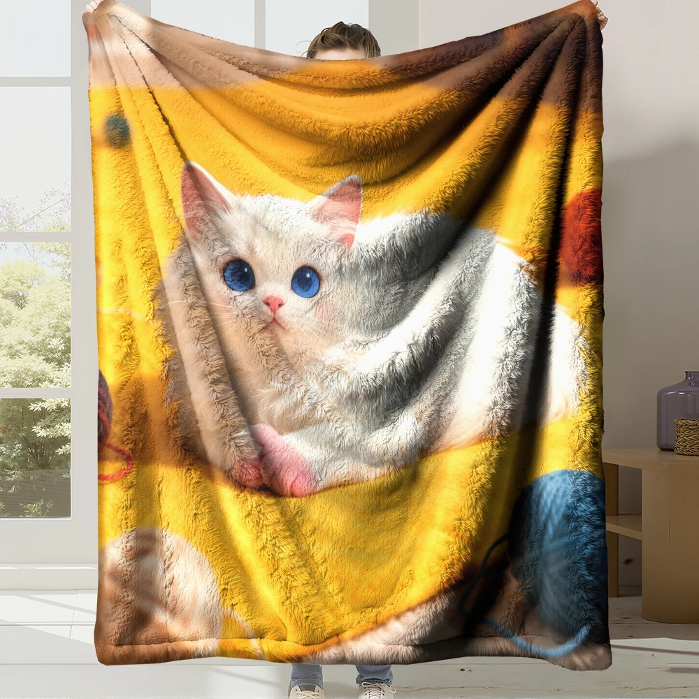 Weiche Flanell-Fleece-Decke mit süßer Katze, Digitaldruck, superwarm, gemütlich, Überwurfdecke für Bett, Couch, Sofa, Heimdekoration, Geschenk (Katze 07)