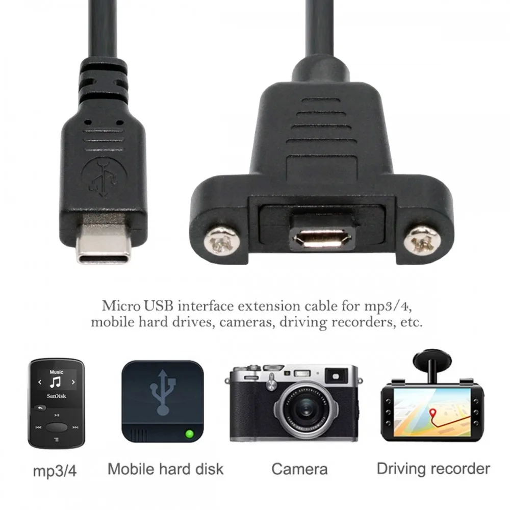 

USB2.0 Micro 5-pin female to Type-C USB-C male power cable, 480Mbps data transfer rate, with panel mounting holes 50cm