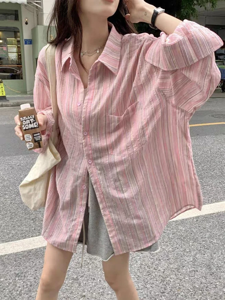 

Women Korean Striped Shirts Loose Long Sleeve Casual Sweet Blouse Retro Fall New Lazy Wind Female Vintage Pocket Soft Tops