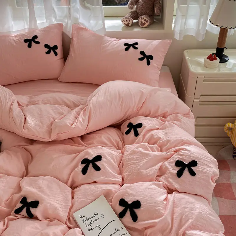 Prinses Strik Beddengoed Set Roze Dekbedovertrek Flat Laken Meisjes Effen Kleur Beddengoed Gewassen Katoenen Beddengoed Home